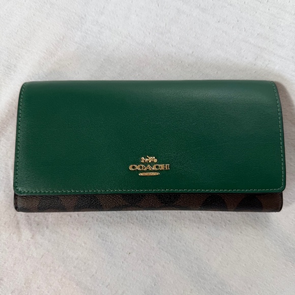 Coach Signature Slim Trifold Snap Wallet in Brown Canvas/Dark Pine - Picture 1 of 11